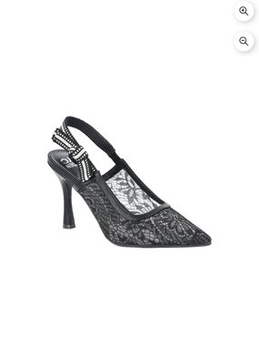 Madden NYC Women's Pointed Black Lace Slingback Heels with Embellished Strap